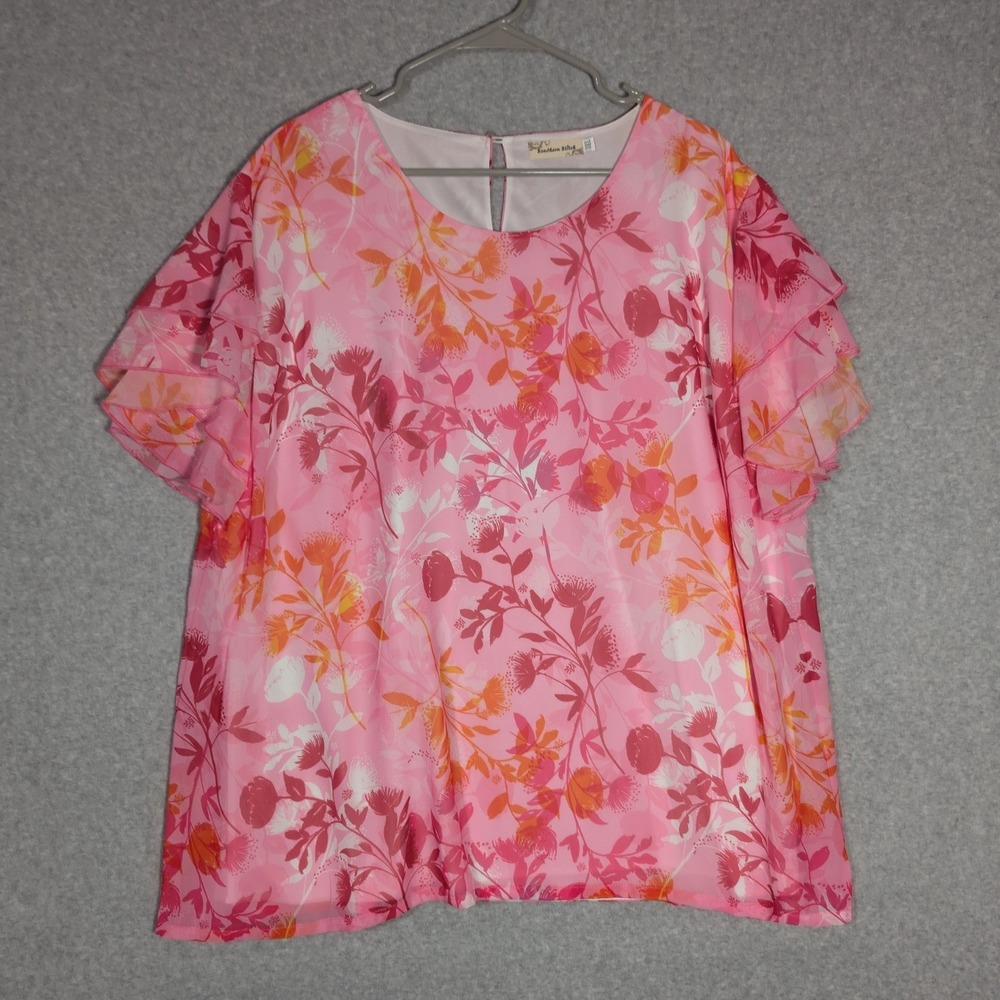 Southern Stitch Floral Blouse Women 3XL Pink Ruffle Sleeve Chiffon Garden Party